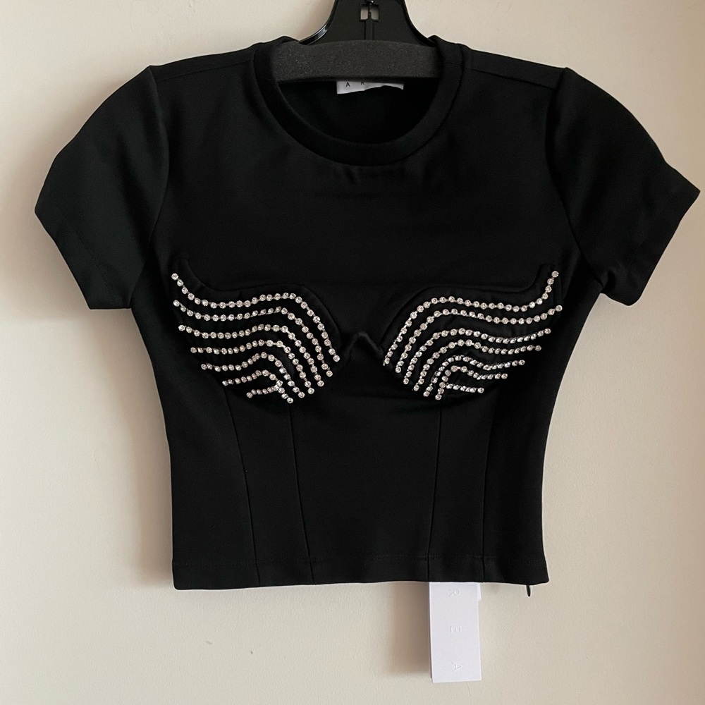 AREA NYC Black Crystal Bustier Tee Top Embellished T-Shirt NWT